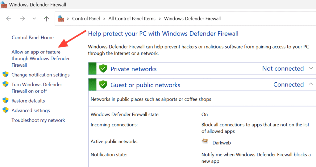 Allow an app or feature through Windows Defender Firewall